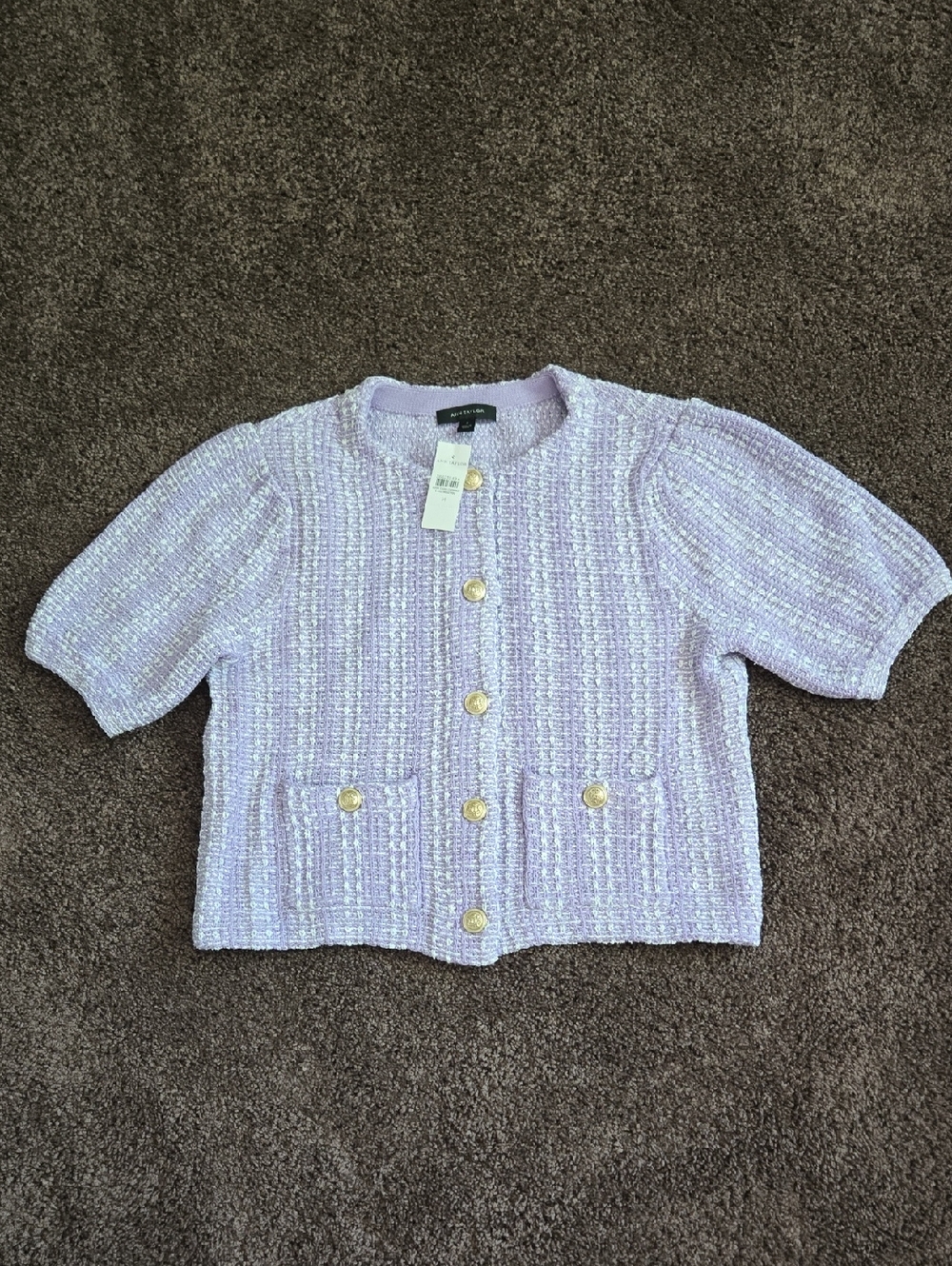 NEW Ann Taylor Purple White Tweed Short Sleeve Sweater Jacket M